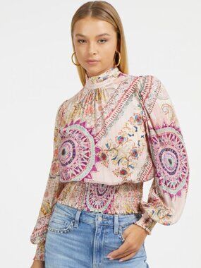 Guess Pink Paisley High-Neck Ruched Waist Blouse